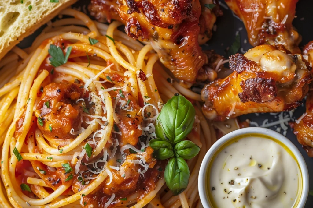 Cheesy Spaghetti, Old Bay Wings, and Garlic Bread