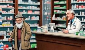 Un anciano entra a una farmacia.