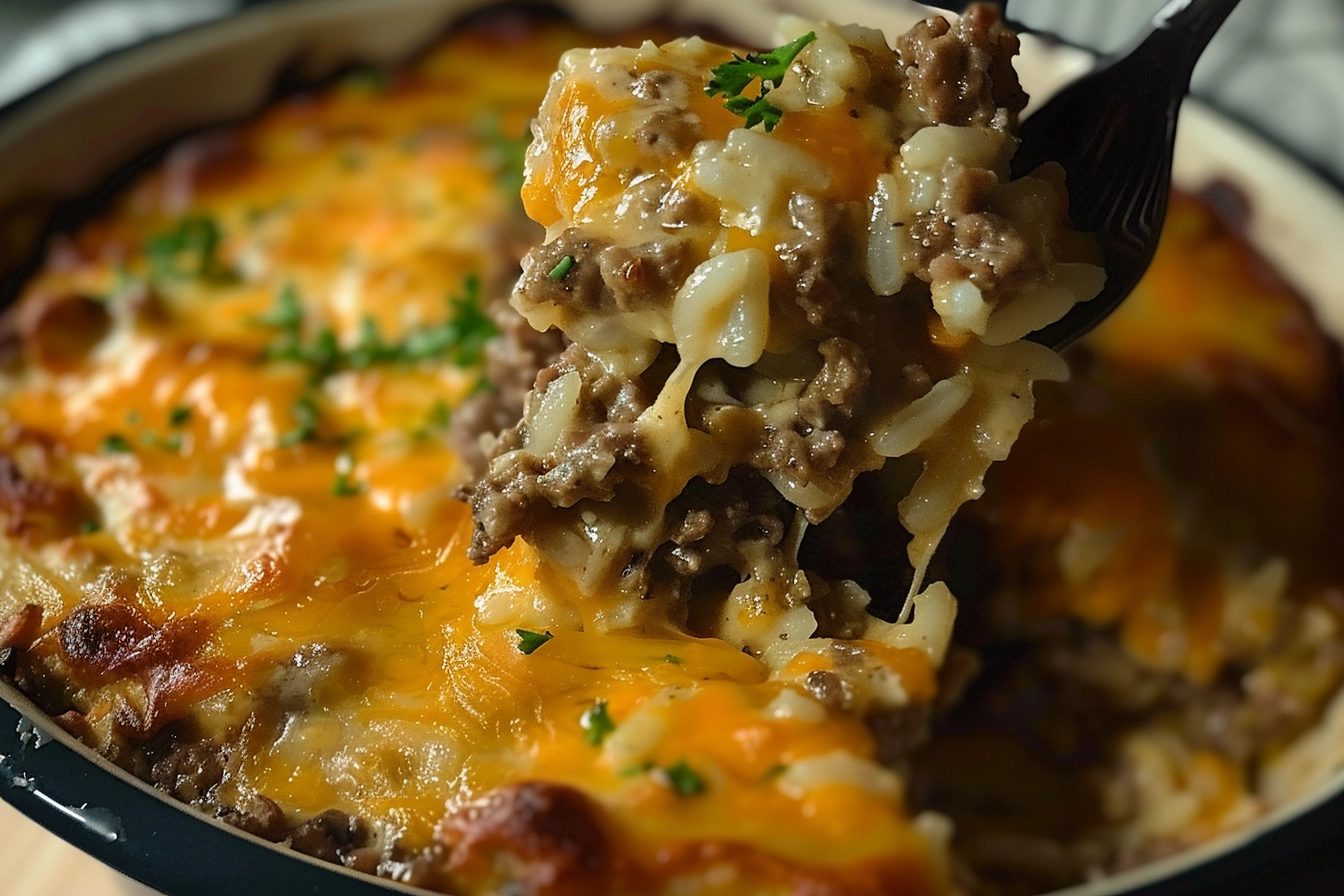 CHEESY GROUND BEEF RICE CASSEROLE