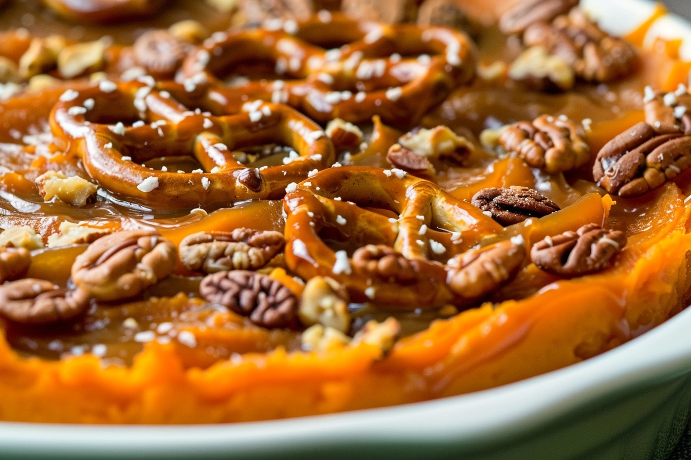 Salted Caramel Pretzel Sweet Potato Casserole